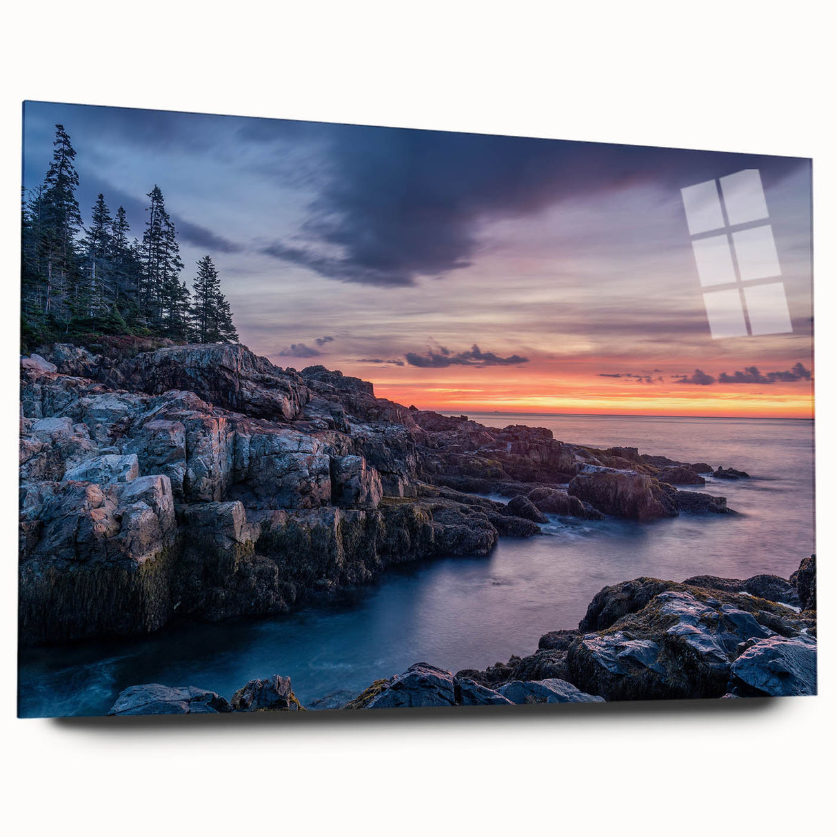 Acrylic print of Acadia's scenic coastline in muted blue and green tones, suitable for bedroom or dining room decor.