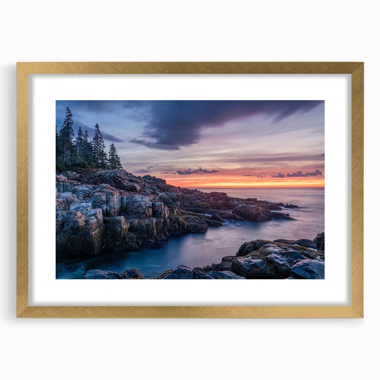 Extra large textured abstract art print of Acadia, Maine, in gold frame, ideal for living room decor.