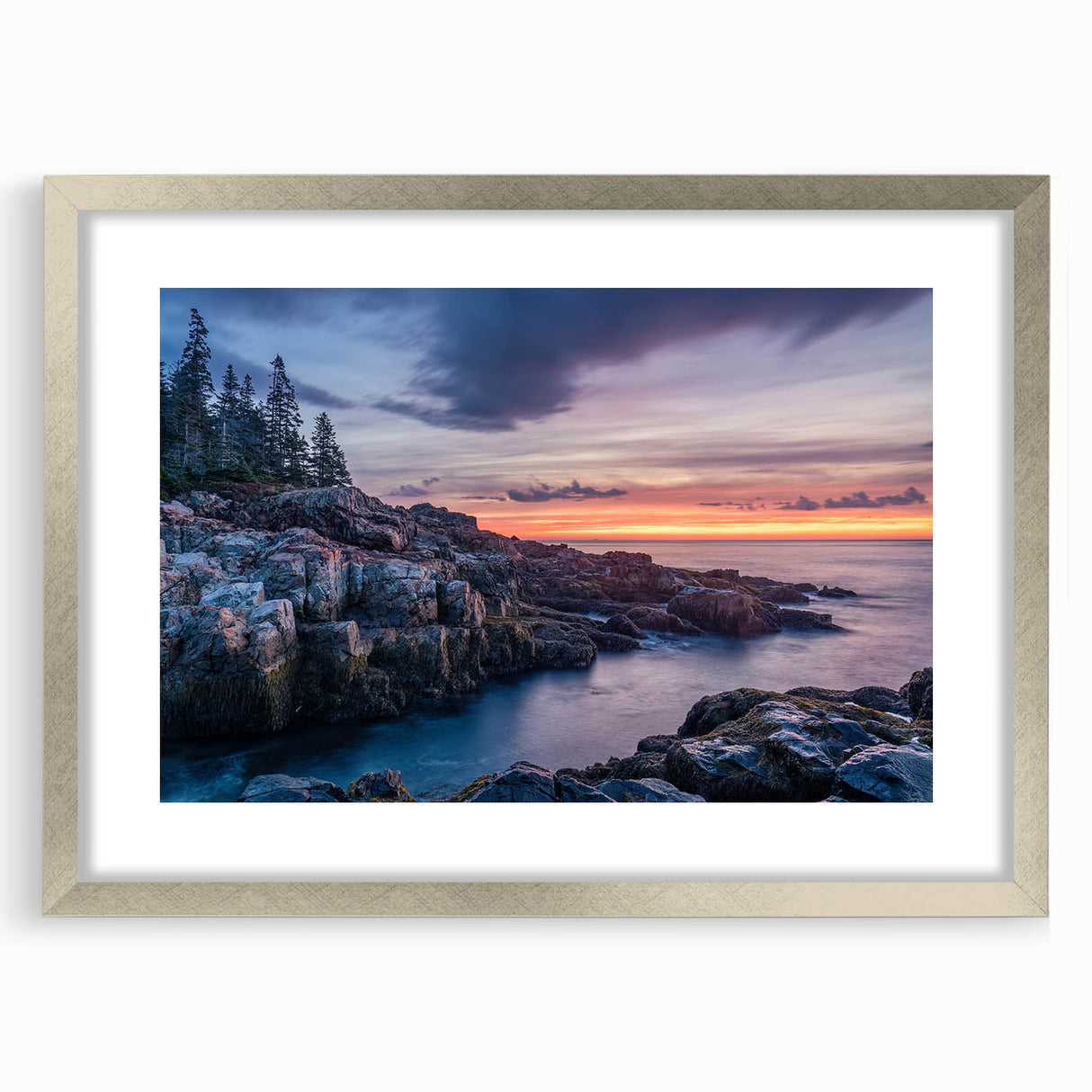 Textured art print depicting abstract Acadia scenery in Maine, rendered in muted earth tones on a silver-framed mat.