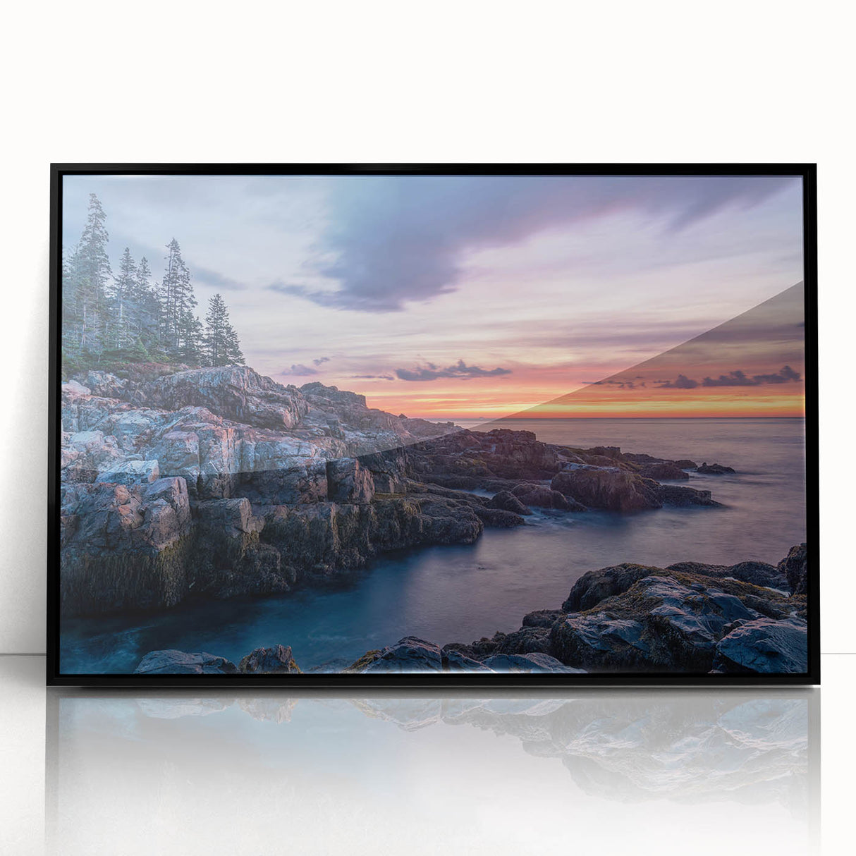 Large abstract wall art depicting Acadia, Maine, in muted earth tones on a framed acrylic.