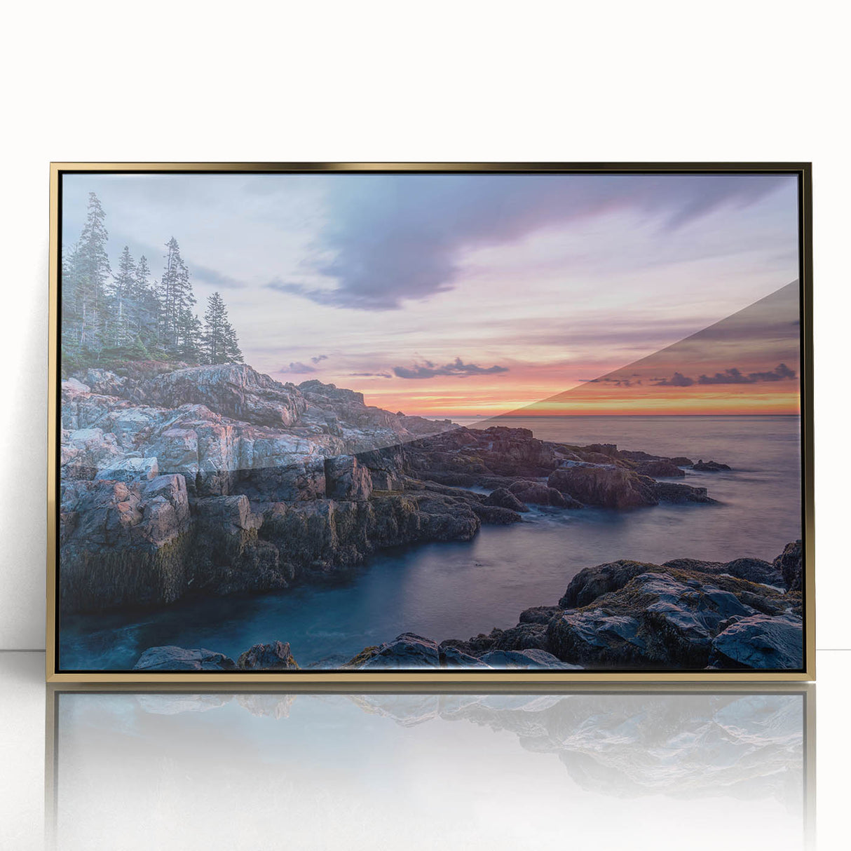 Mid-century modernist acrylic print of Acadia National Park in gold frame, utilizing muted earth tones.