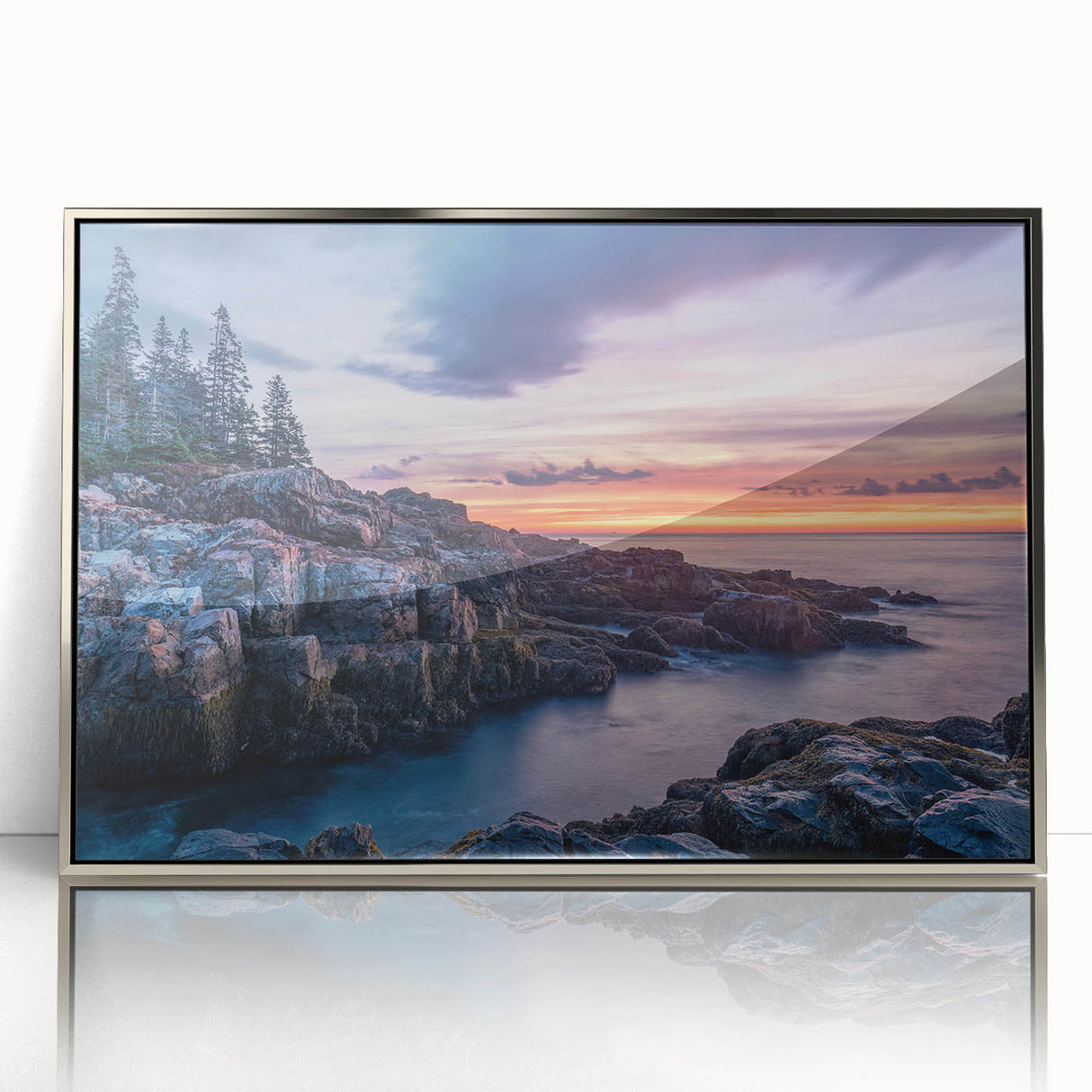 Acadia National Park landscape on silver-framed acrylic, featuring mid-century modernist style with muted earth tones.