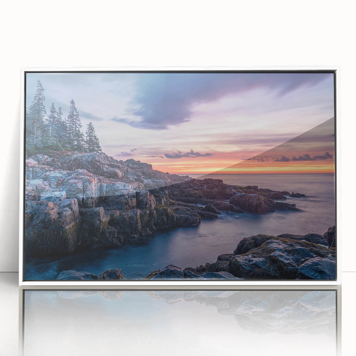 Acadia National Park scene in art deco style on white framed acrylic, featuring serene blue and green tones.