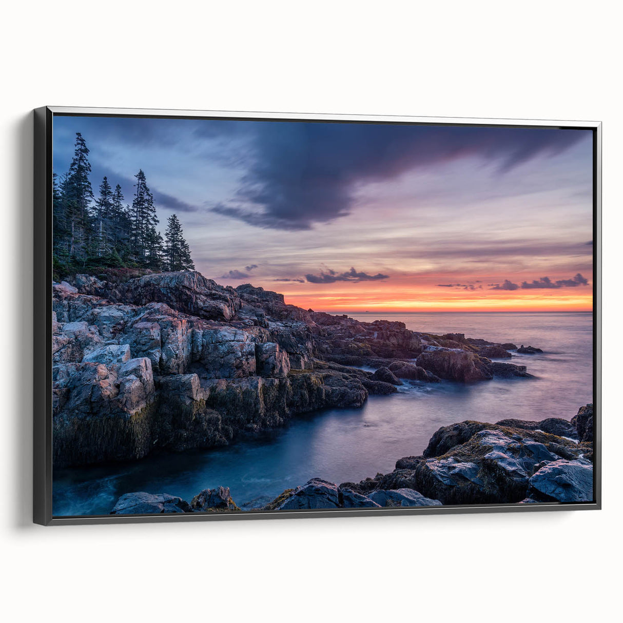 Black and white landscape art of Acadia, Maine on framed canvas, ideal for bedroom wall decor.