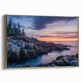 Framed canvas wall art featuring a vintage-style landscape painting of Acadia, Maine, in muted gold and black tones.