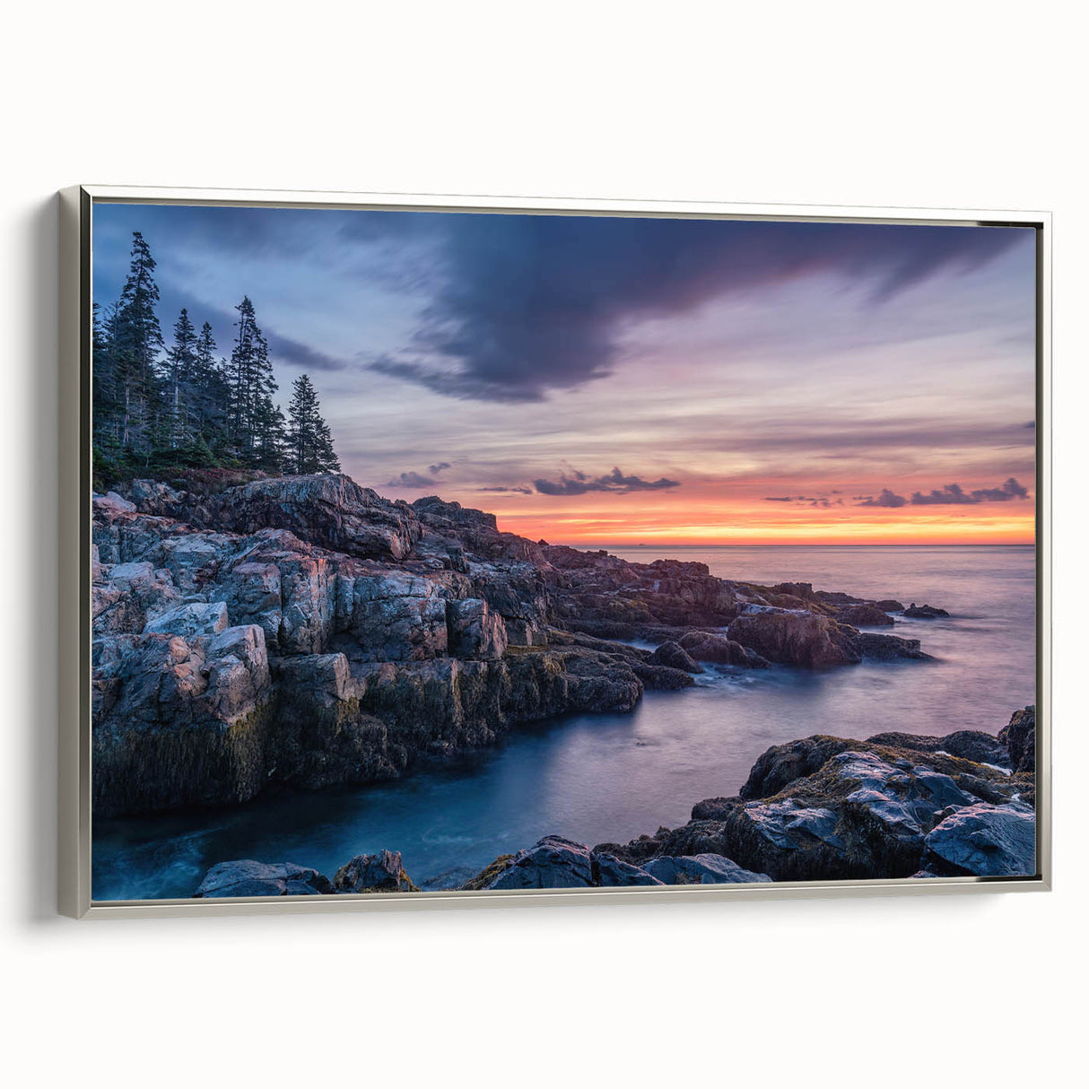 Framed canvas landscape art painting depicting Acadia National Park in Maine.