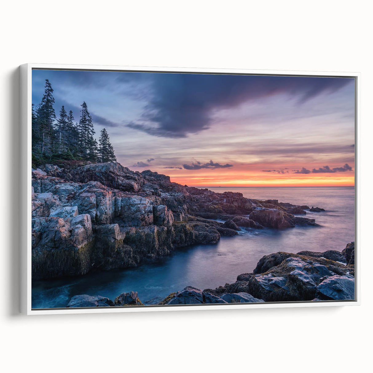 Framed canvas of vintage poster art featuring Acadia, Maine, with colorful imagery on a large scale.
