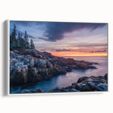 Framed canvas of vintage poster art featuring Acadia, Maine, with colorful imagery on a large scale.