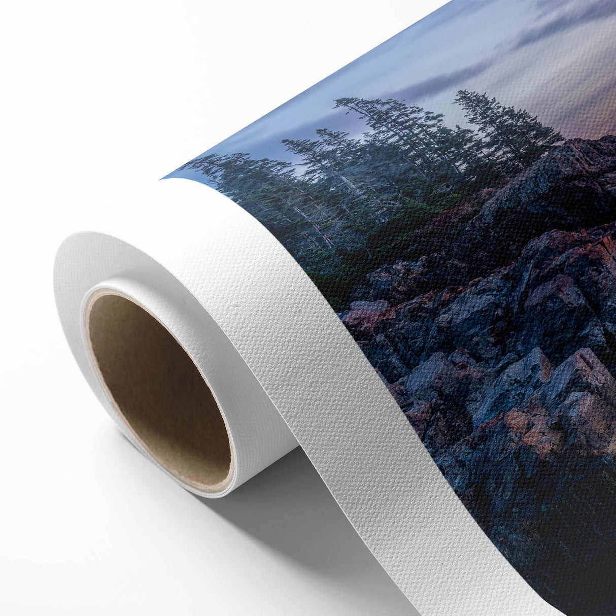 Art Deco style poster of Acadia National Park in muted green and blue tones on rolled canvas, ideal for nursery wall art.
