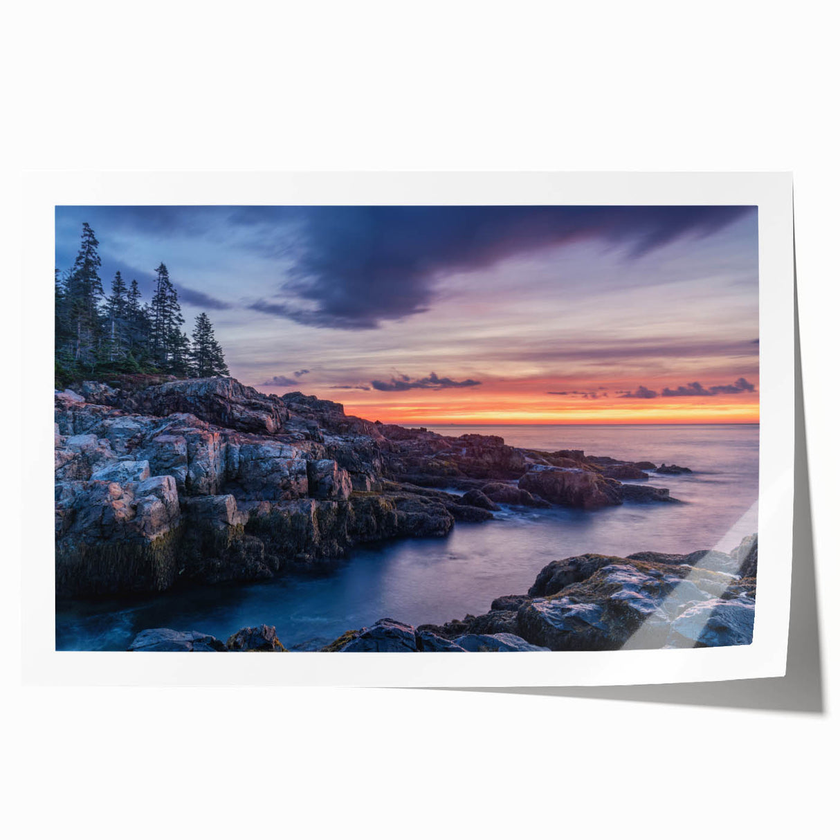 Acadia National Park landscape on rolled print, featuring muted green and blue tones, ideal for art wall dining room.