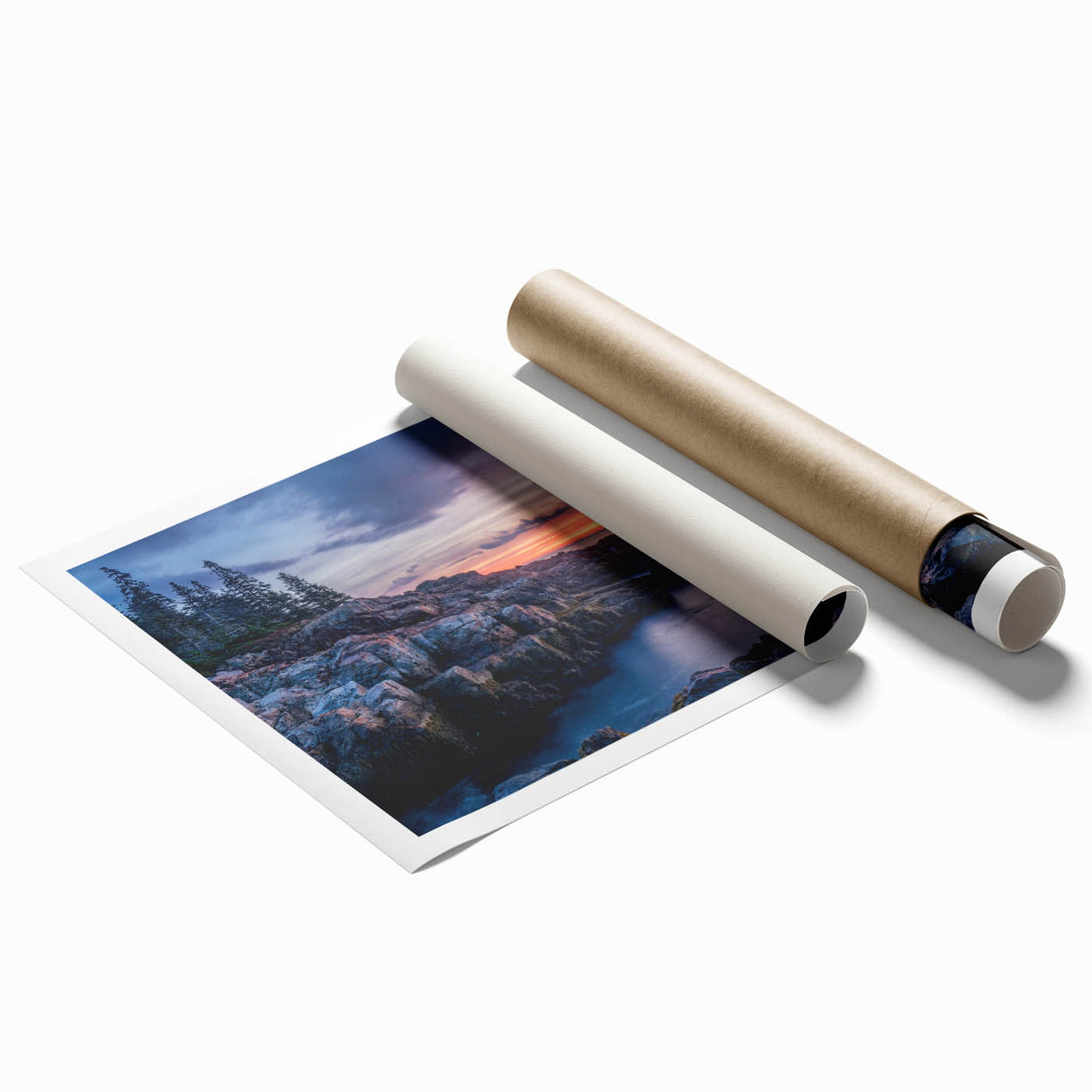 Extra large rolled print of Acadia National Park with lush greenery and serene water, in muted natural tones.