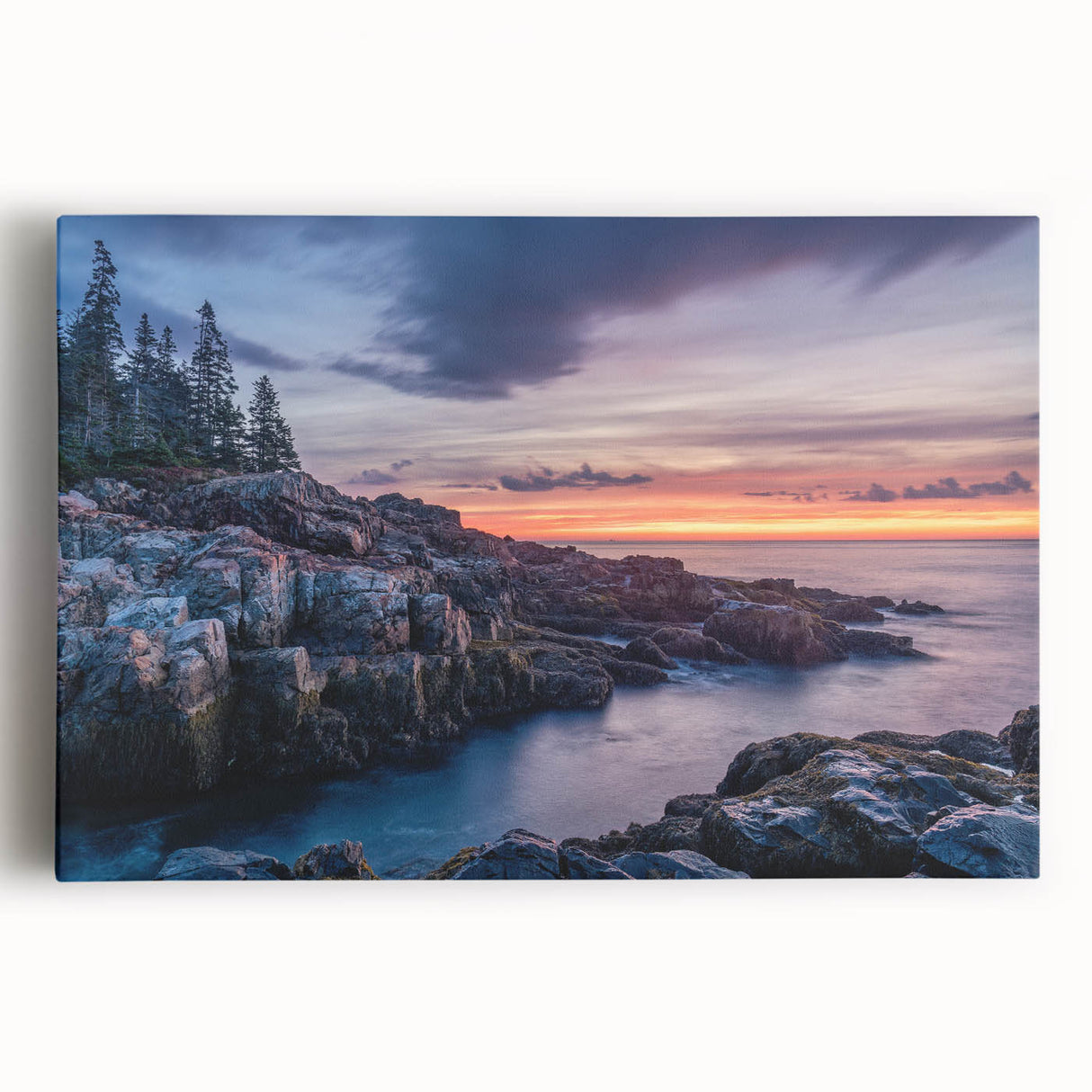 Black and white photograph of Acadia National Park on large stretched canvas, ideal for kitchen wall art.