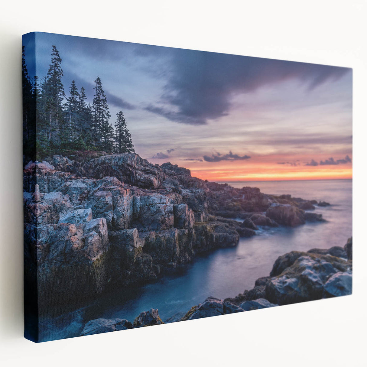 Acadia National Park scenery on a large stretched canvas, featuring serene blue and green tones, ideal for kitchen wall art.