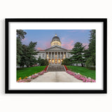 Extra large abstract art print depicting a colorful, textured Maine scenery on a black framed canvas.