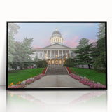 Large abstract wall art depicting a serene Maine landscape in muted earth tones on a black-framed acrylic print.