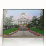 Acrylic print of a serene Maine landscape in muted earth tones, framed in gold, suitable for modern art wall decor.