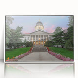 Acrylic print of a serene Maine landscape in soft pastel shades, framed in white, suitable for modern art wall decor.