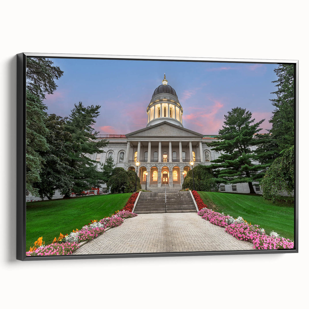 Black and white framed canvas of a Maine landscape, featuring vintage poster art style, ideal for bedroom decor.