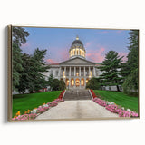 Framed canvas depicting a serene Maine landscape in muted earth tones, ideal for bedroom wall decor.