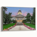 Framed canvas depicting a vintage-style Maine landscape in colorful tones, ideal for living room decor.