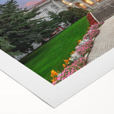 Art deco poster of a serene Maine landscape in soft blue and green hues on rolled canvas.