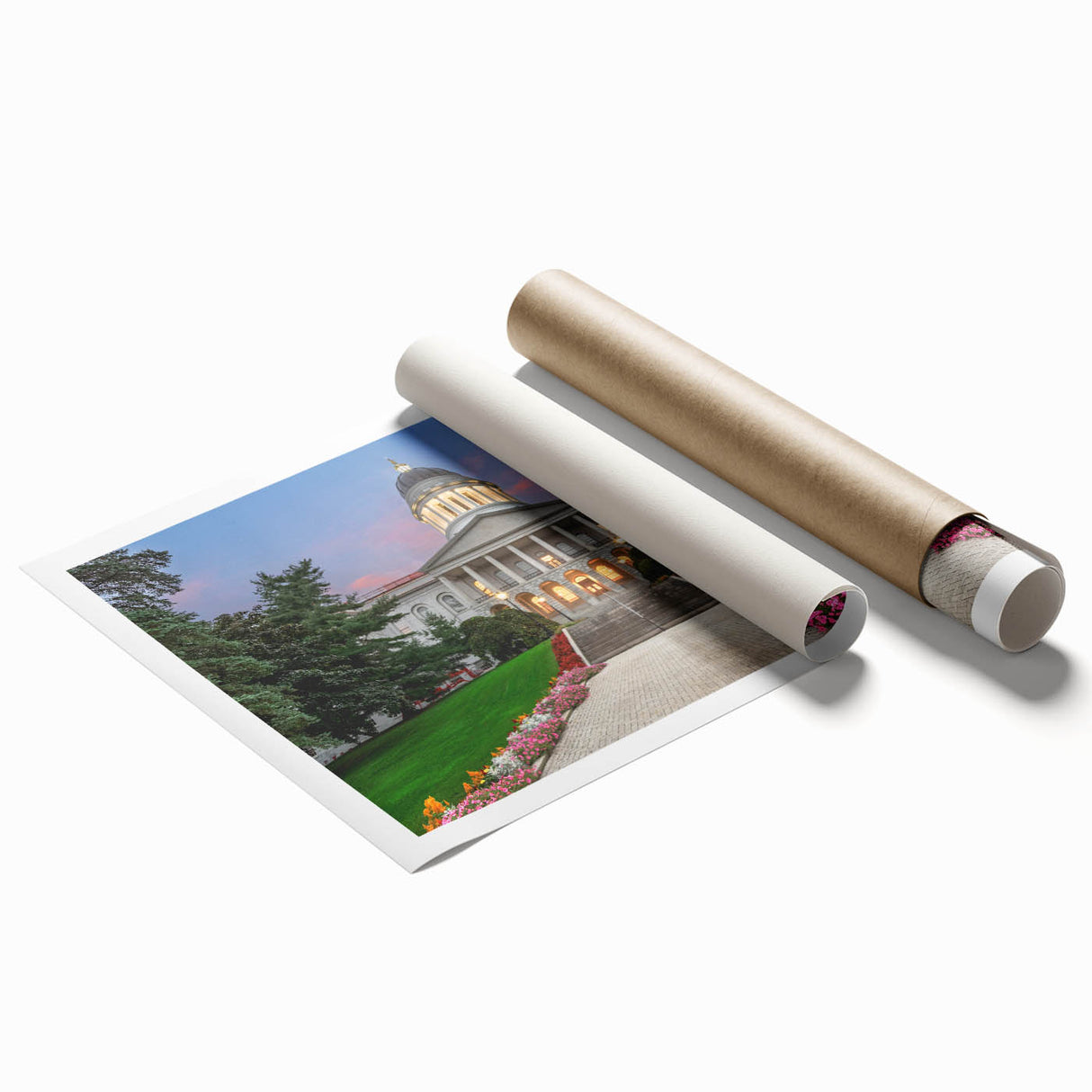 Roller-printed landscape of Maine with vibrant floral designs in pastel colors, ideal for classy bathroom wall art.