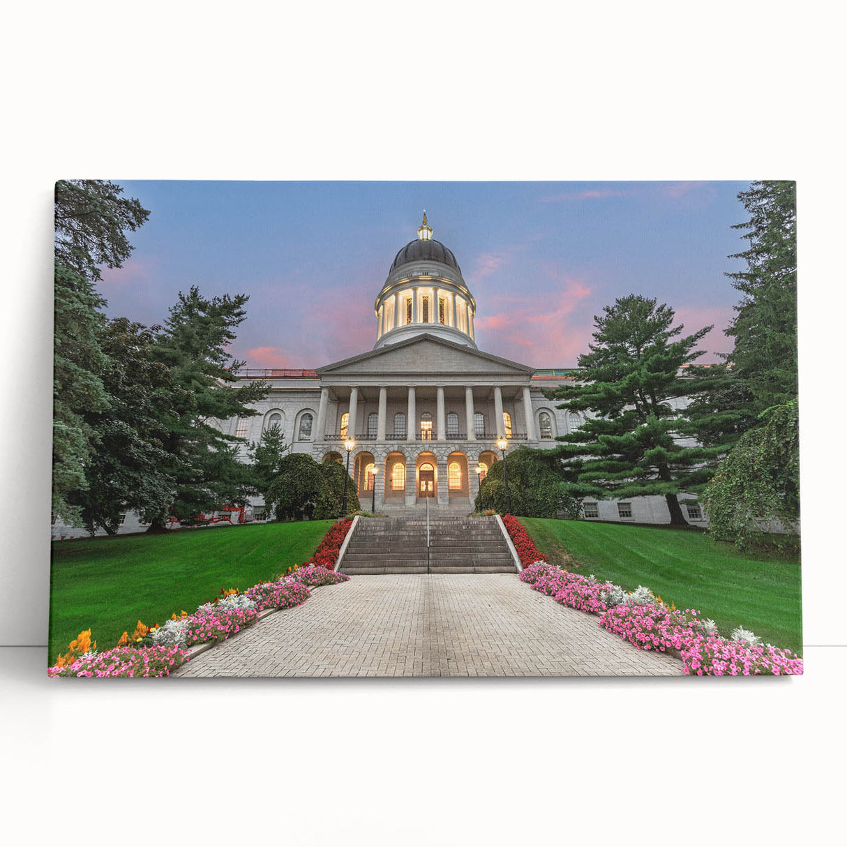 Black and white stretched canvas of a serene Maine landscape, ideal for kitchen wall art or bedroom ambiance.