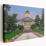 Scenic Maine coastline depicted in muted blues and greens on a large stretched canvas, suitable for kitchen wall art.