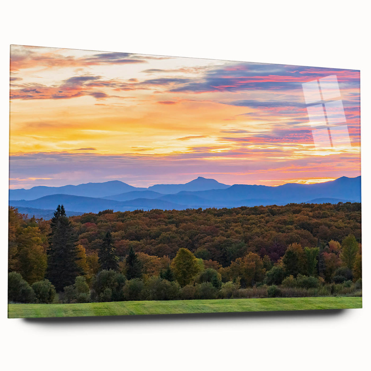 Large abstract wall art depicting Vermont scenery in muted earth tones on acrylic glass.