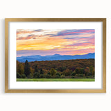 Extra large abstract art print depicting a textured Vermont landscape in muted earth tones, framed in gold.