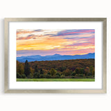 Textured abstract art print depicting a Vermont landscape in muted green and brown tones on a framed silver mat.