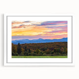 Abstract art print of Vermont scenery in muted earth tones on a white matted frame.