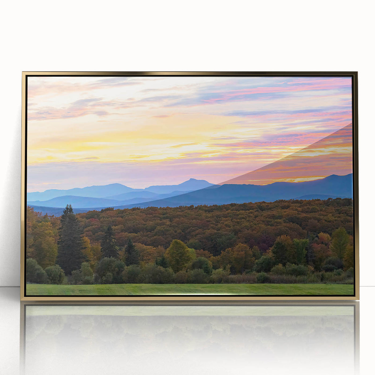 Large art print of Vermont scenery in mid-century modernist style, framed in gold acrylic, ideal for nursery wall decor.