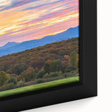 Extra large black wall art featuring a textured Vermont scenery on framed canvas, with vibrant colors.