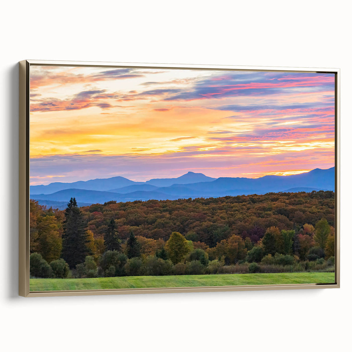 Framed canvas featuring a vintage-style landscape painting of Vermont in muted gold and black tones.
