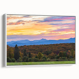 Vintage poster art of Vermont scenery in vibrant colors on a large framed canvas, ideal for living room decor.