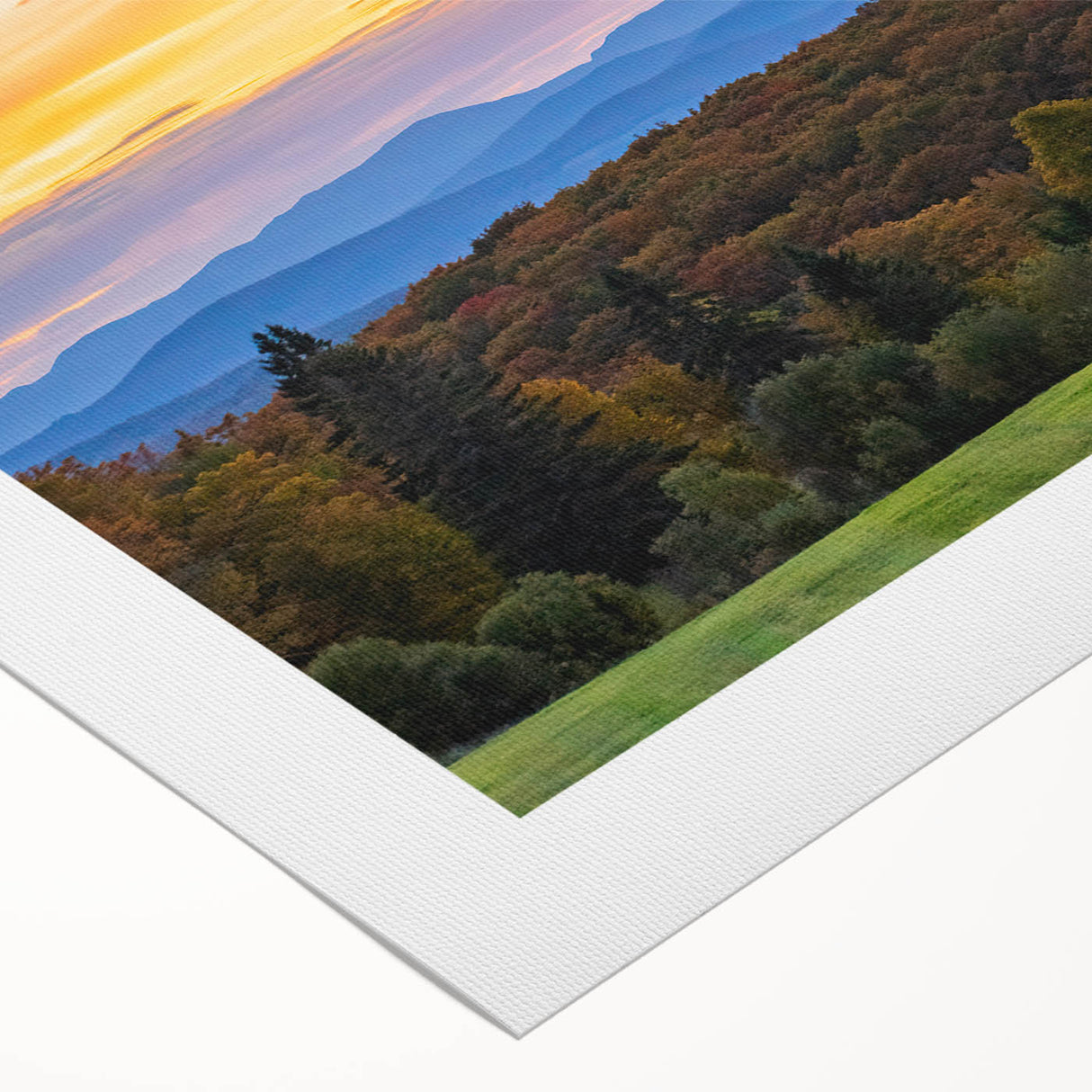 Art deco poster featuring a serene Vermont landscape in muted greens and blues on rolled canvas.