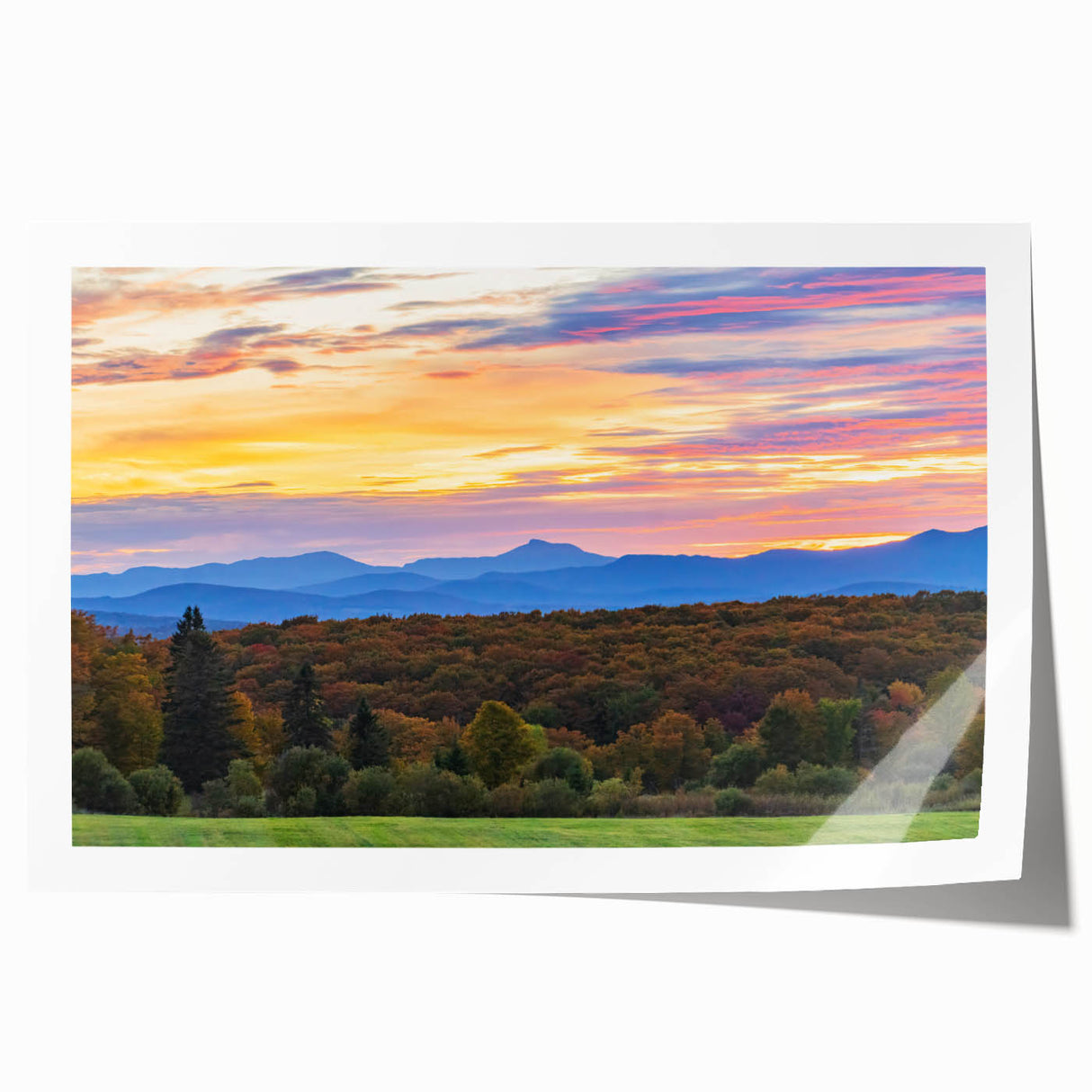Extra large rolled print featuring Vermont scenery with soft floral elements in muted greens and blues.