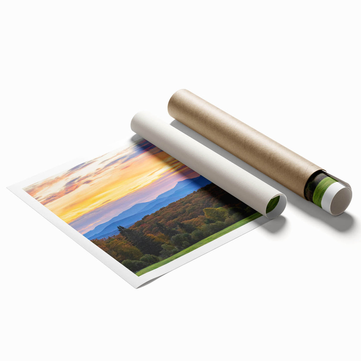 Rolled print of Vermont scenery with lush greenery and floral elements, framed in muted earth tones.