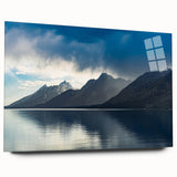 Large abstract wall art of the Grand Tetons in muted earth tones on acrylic glass, ideal for bedroom or dining room decor.