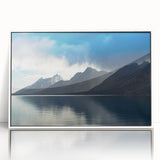 Acrylic print of Grand Tetons scenery with a white frame, featuring soft blue and green tones.