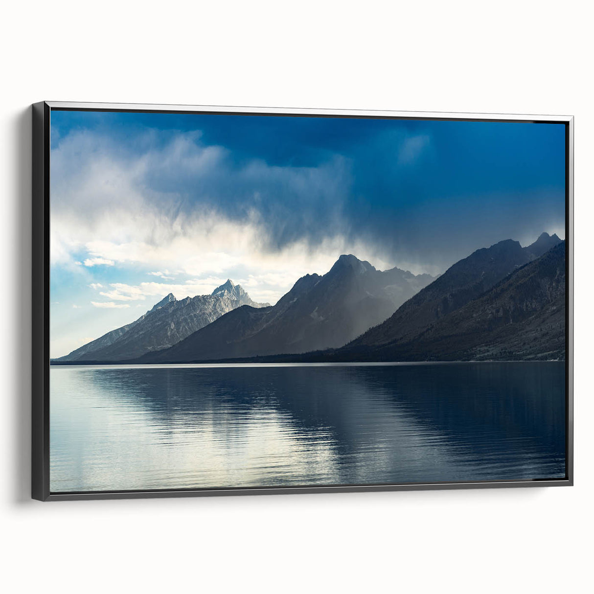 Black and white framed canvas of the Grand Tetons landscape, ideal for bedroom wall art in a vintage poster style.