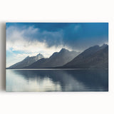 Black and white photograph of the Grand Tetons on stretched canvas, ideal for kitchen wall art.
