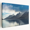 Grand Tetons landscape on large stretched canvas, featuring muted earth tones, ideal for kitchen wall art.
