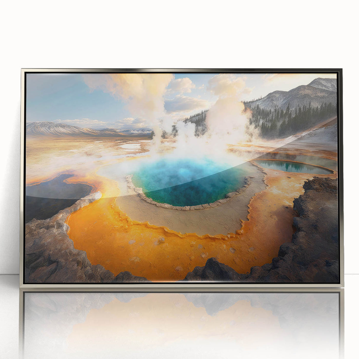 Mid-century modernist art of Yellowstone scenery in muted earth tones on a silver-framed acrylic print.