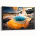 Black and white framed canvas of Yellowstone landscape, ideal for bedroom wall decor.