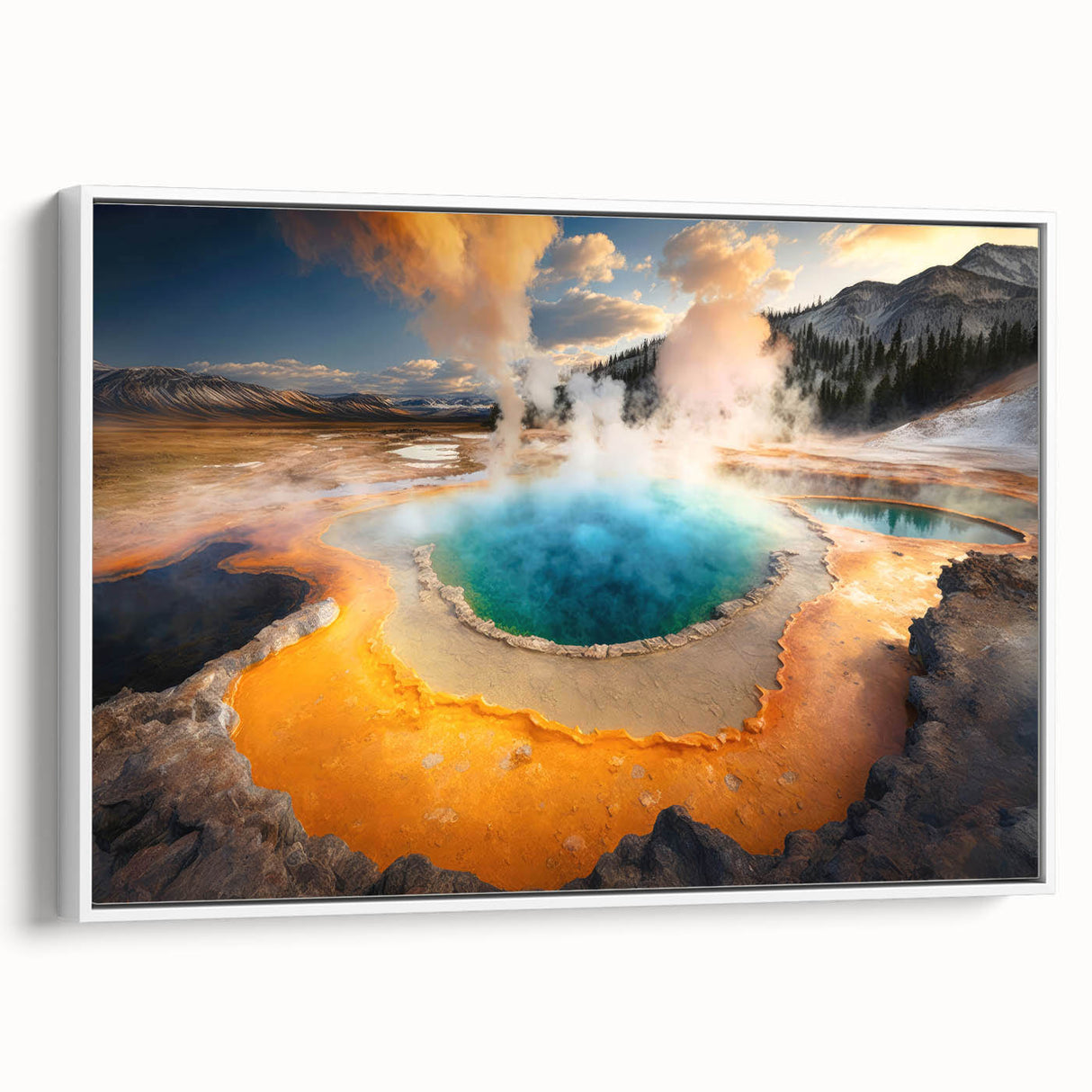 Vintage poster art of Yellowstone scenery on framed canvas, featuring colorful artwork against a black background.