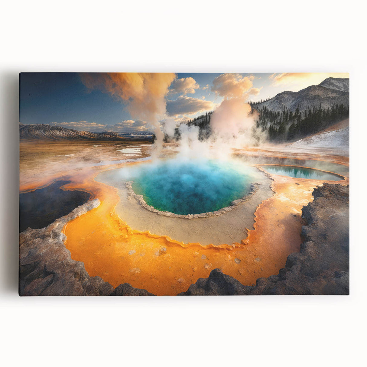 Black and white photograph of Yellowstone National Park on large stretched canvas, ideal for kitchen wall art.