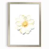 Textured art print of abstract spring scene in muted green and yellow tones on a framed silver canvas.