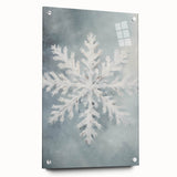Large abstract wall art on acrylic glass depicting winter season in muted blue and white tones.